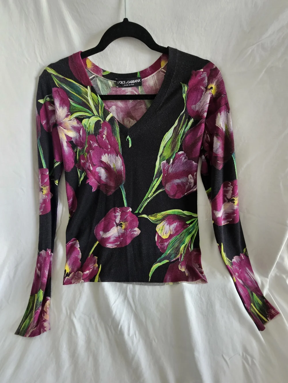 Dolce & Gabbana Black V-Neck Floral Long-Sleeve Top - Purple Tulip Print Silk